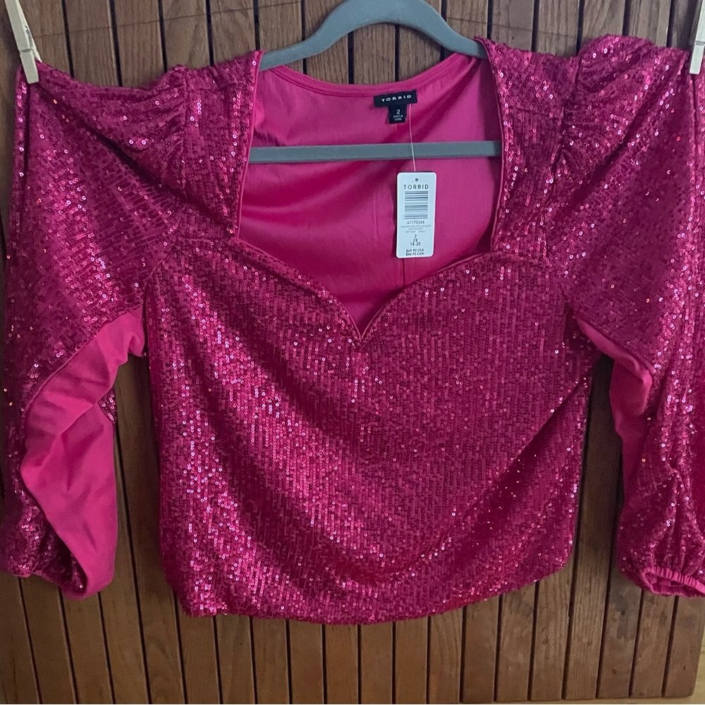 Torrid Pink Sequin Fitted 3/4 Sleeve Blouse